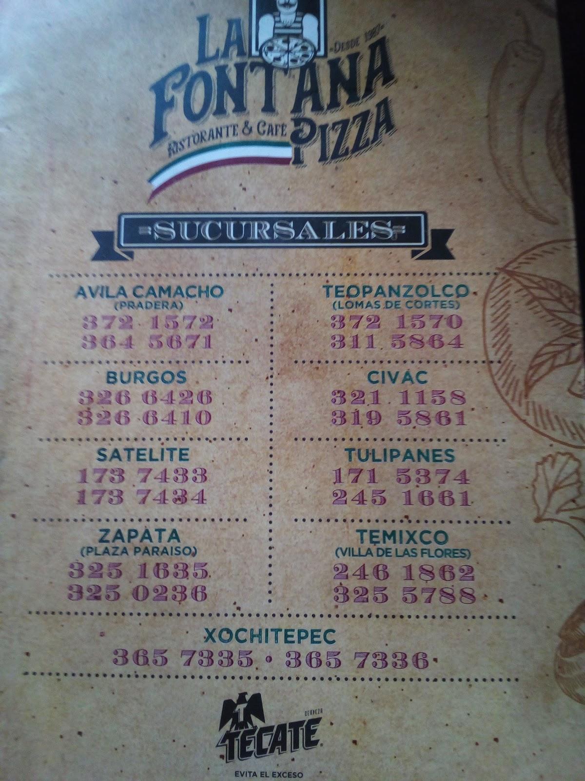 Carta del restaurante La Fontana Pizza, Cuernavaca, Entrada Burgos 5F