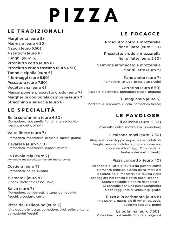 Menu at La Favola Mia restaurant, Chiesina Uzzanese