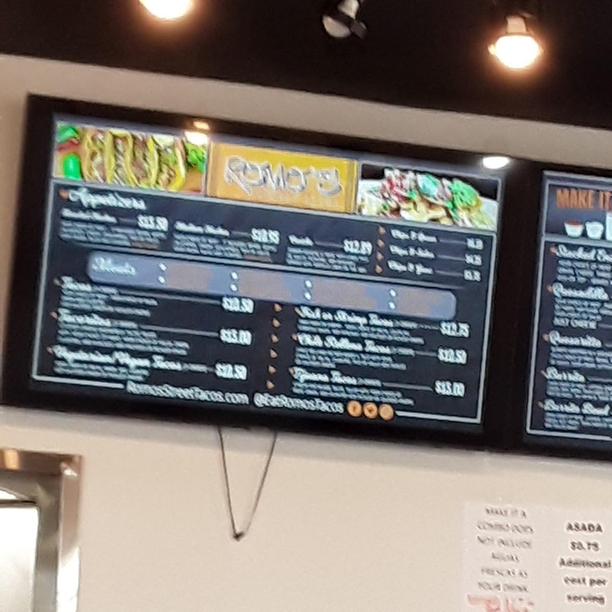 Menu at Romo's Street Tacos restaurant, Aurora