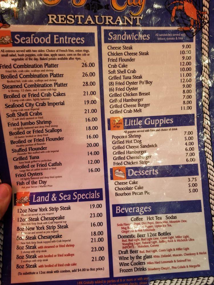 Menu at Seafood City restaurant, Felton, S Dupont Hwy