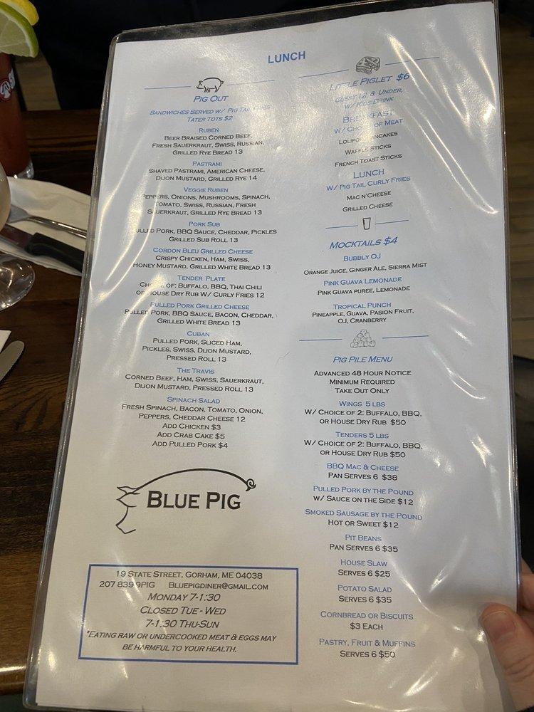 Menu at The Blue Pig Diner pub & bar, Gorham