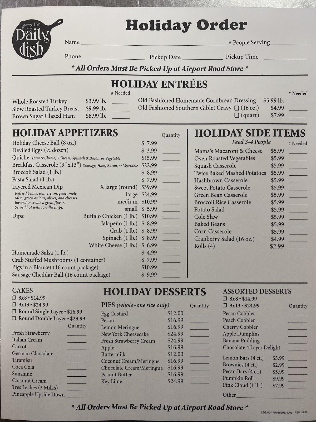 Menu at The Daily Dish restaurant, Hot Springs, Airport Rd