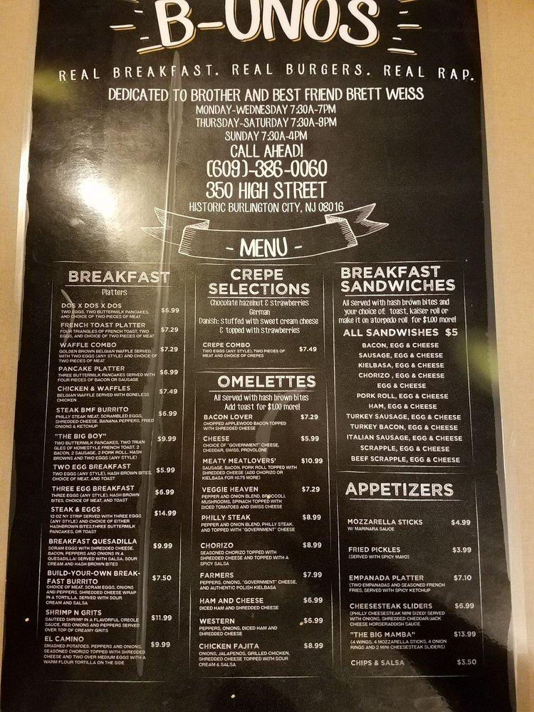 Menu At B-UNOS Restaurant, Burlington