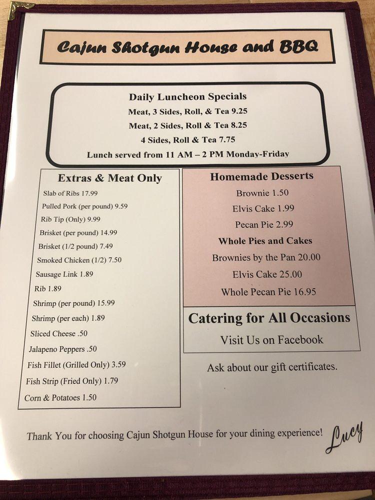 Menu at Cajun Shotgun House & BBQ, Greenville, S Martin Luther King Jr