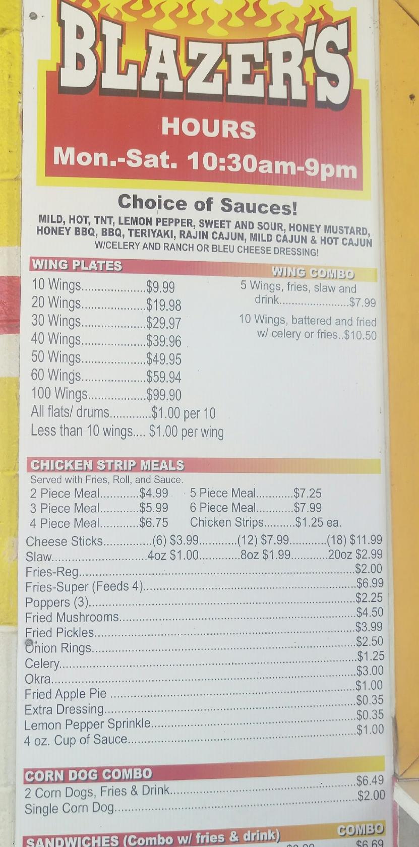 blazers hot wings menu