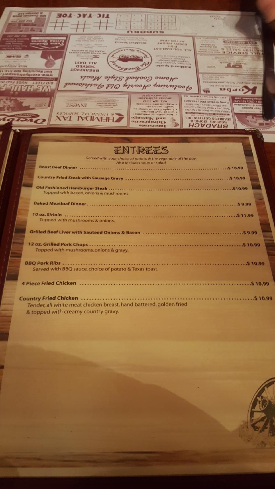 Menu at Buckboard restaurant, Lakeville