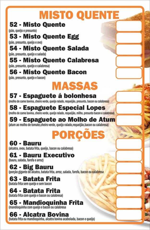 Quiosque Lopes Lanches cardápio