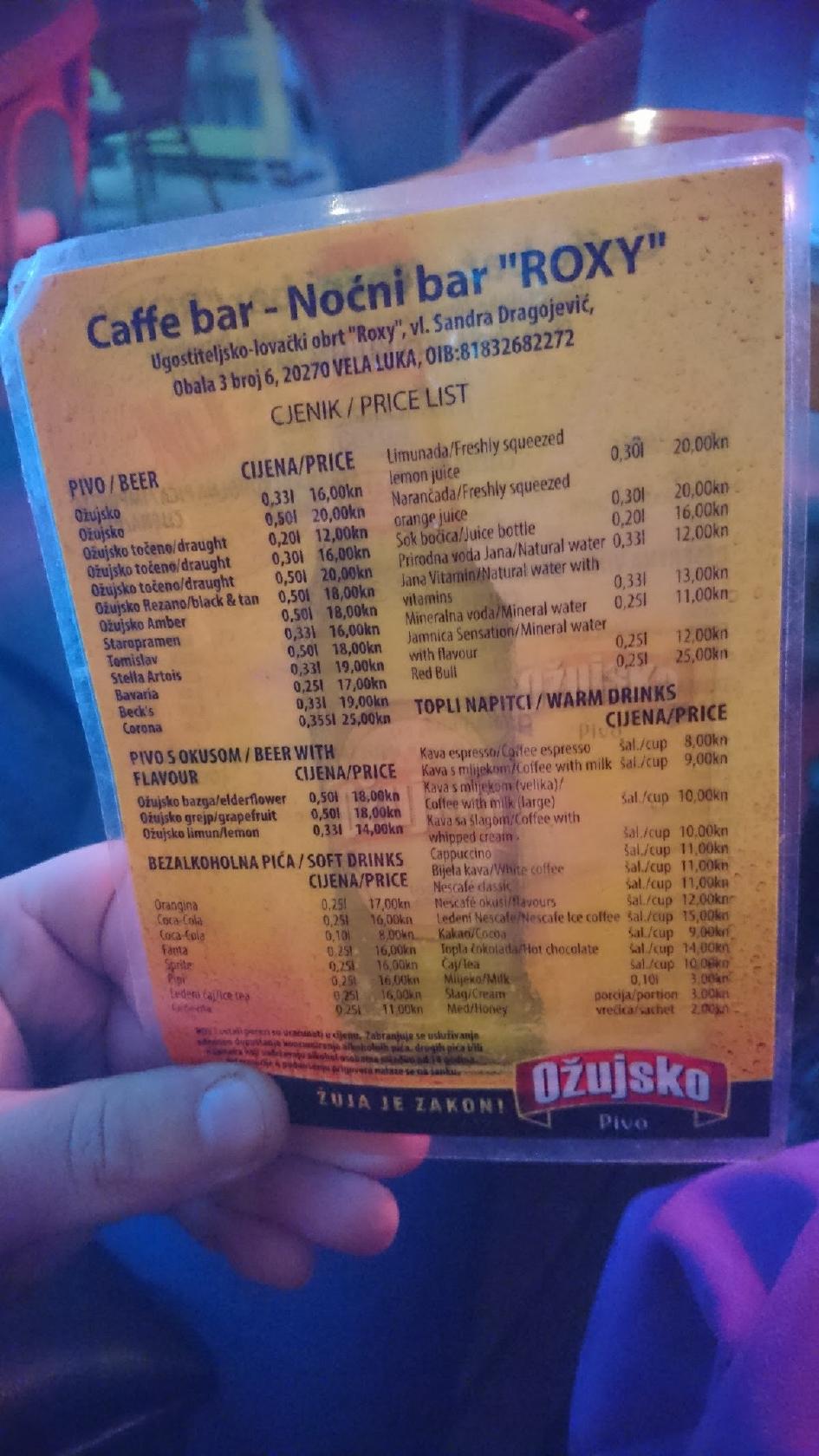 Menu at Caffe bar Roxy, Vela Luka