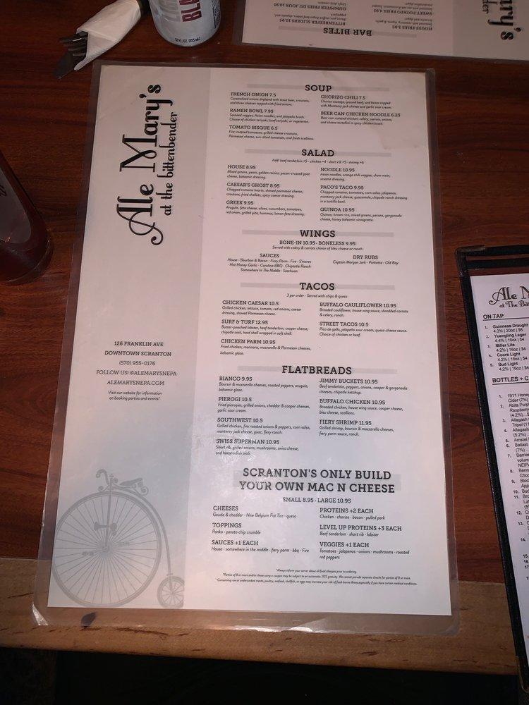 Menu at Ale Mary's at the Bittenbender pub & bar, Scranton