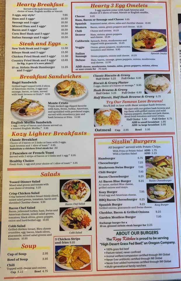 Menu at Kozy Kitchen restaurant, North Bend