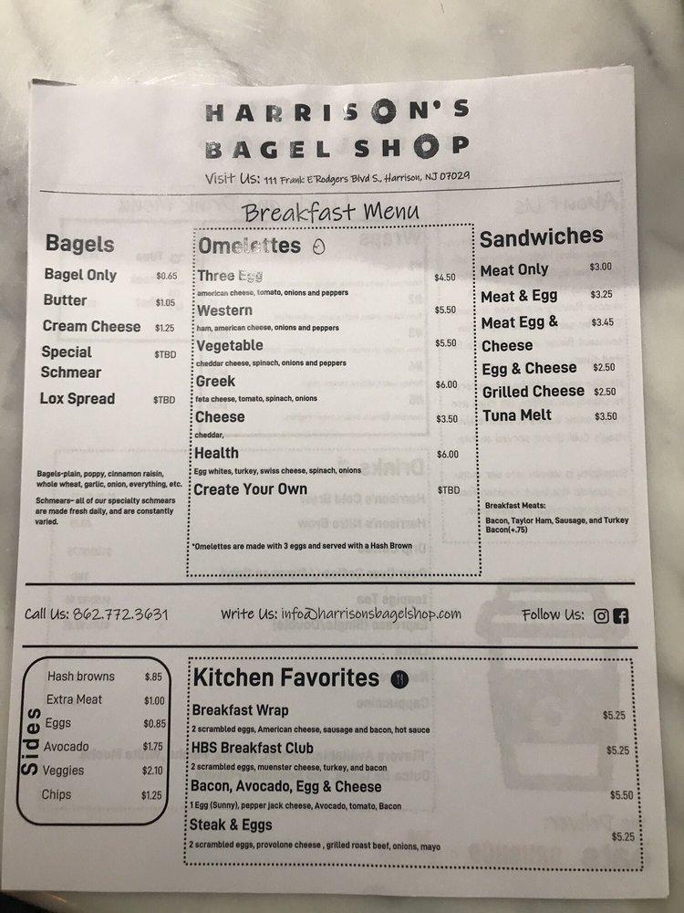 Menu at Harrison's Bagel Shop, Harrison