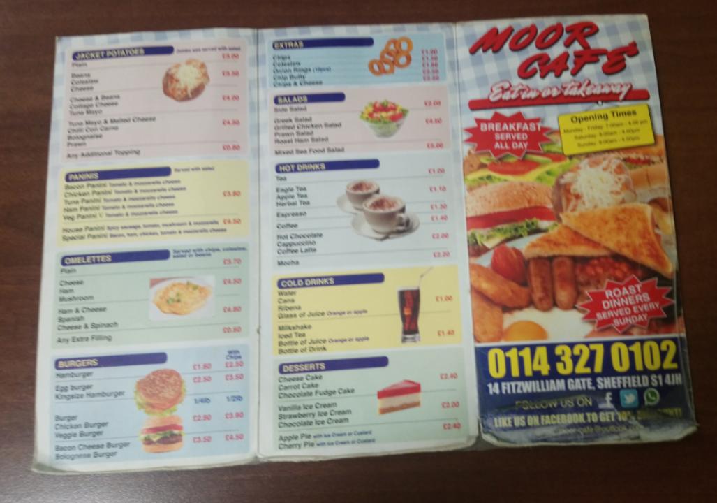 Menu at Moor Cafe, Sheffield