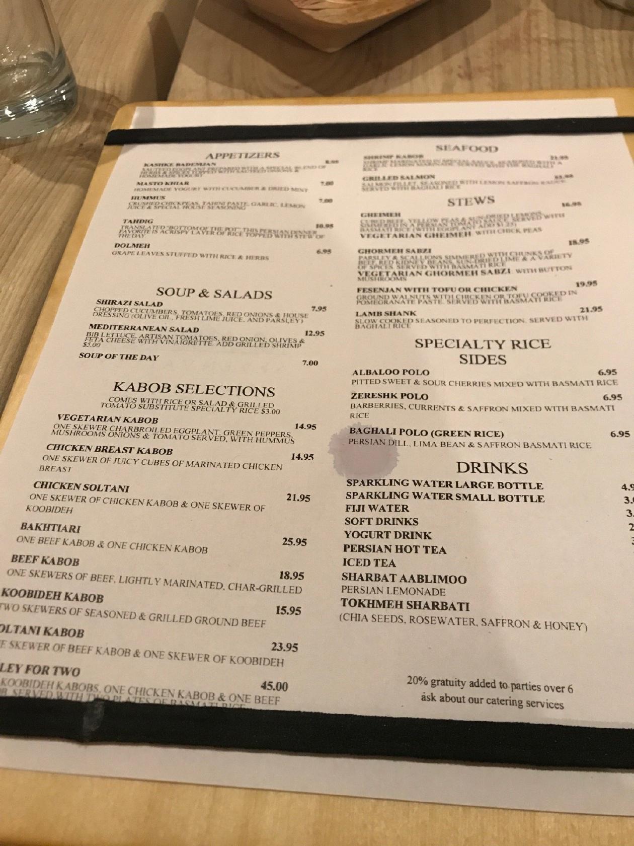 Menu at Seven Valleys restaurant, Hoboken
