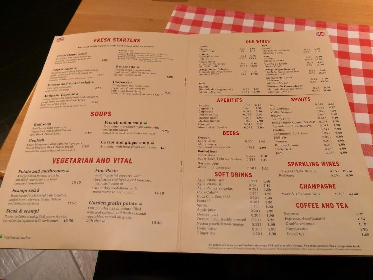 Menu at Block House BBQ, Lisbon