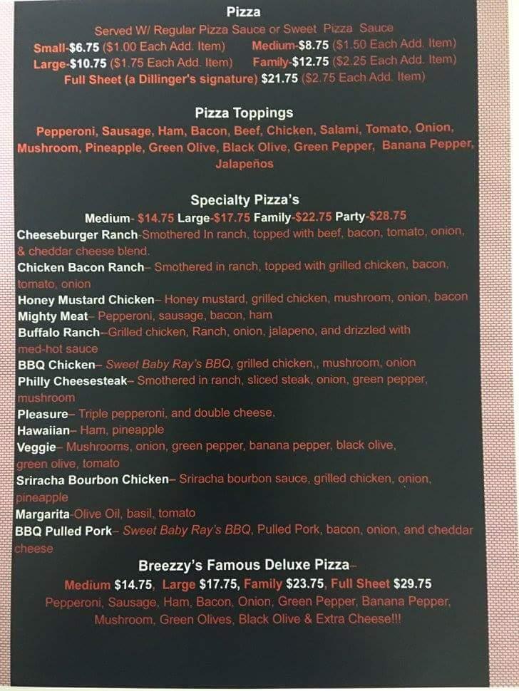 Menu at Breezzys's Pizza pizzeria, Bucyrus