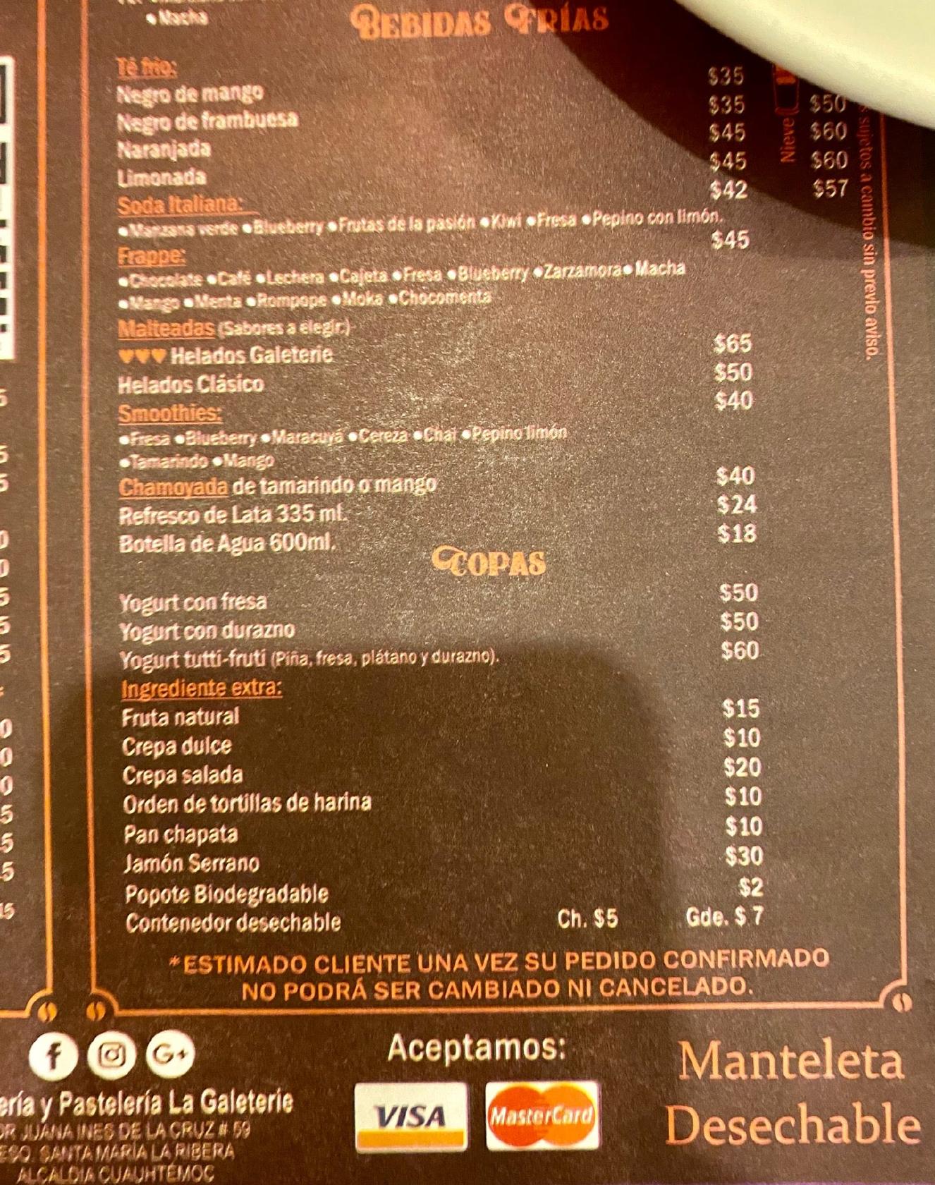 Carta del café La Galeterie Crepas Churros Coffee Ciudad del México