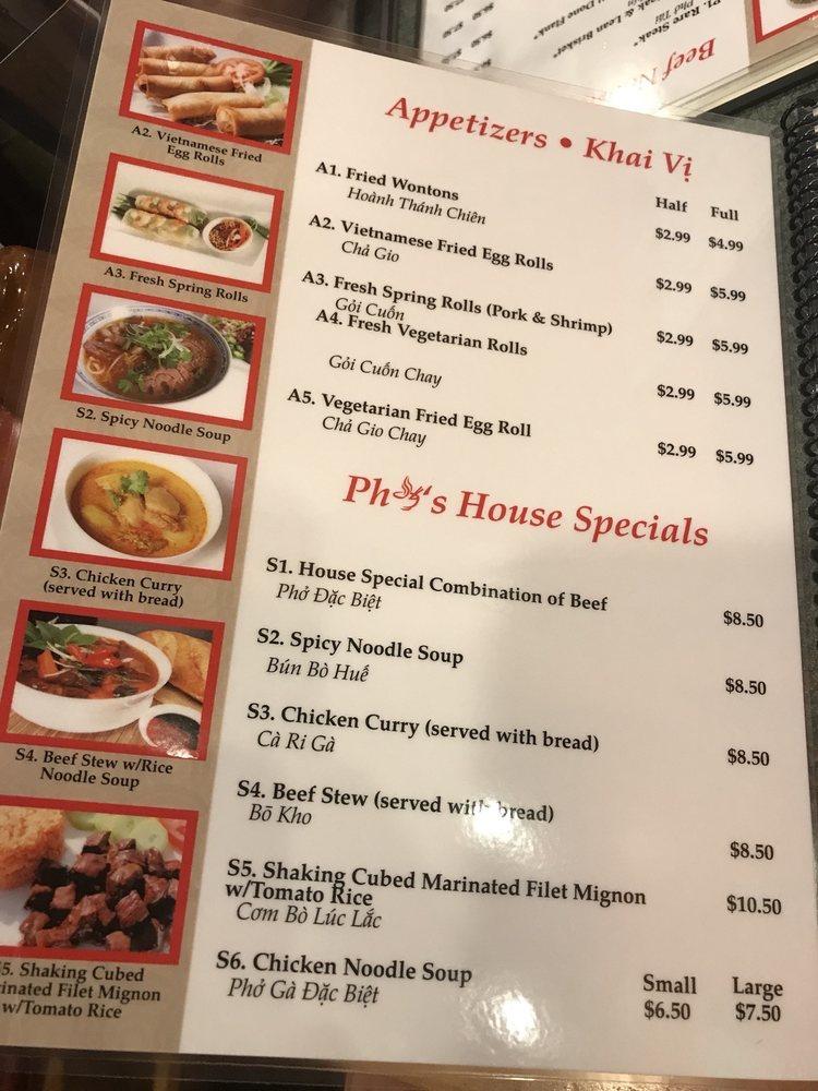 Menu at Pho Nguyen restaurant, Kokomo