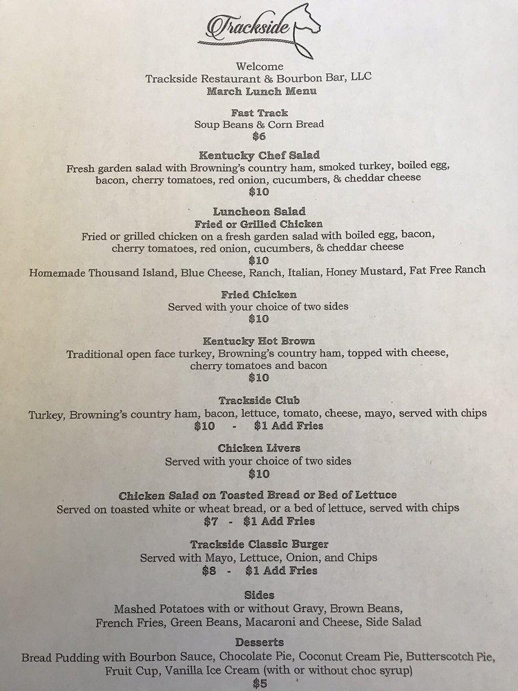 Menu at Trackside Restaurant & Bourbon Bar LLC (at the Paris Train ...