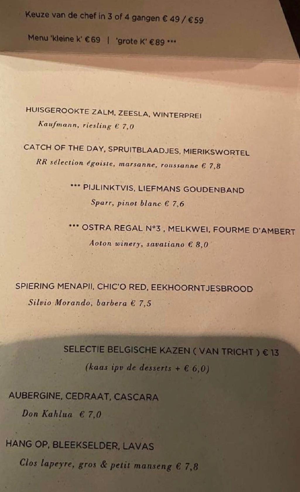 Menu at Va et Vient, Kortrijk