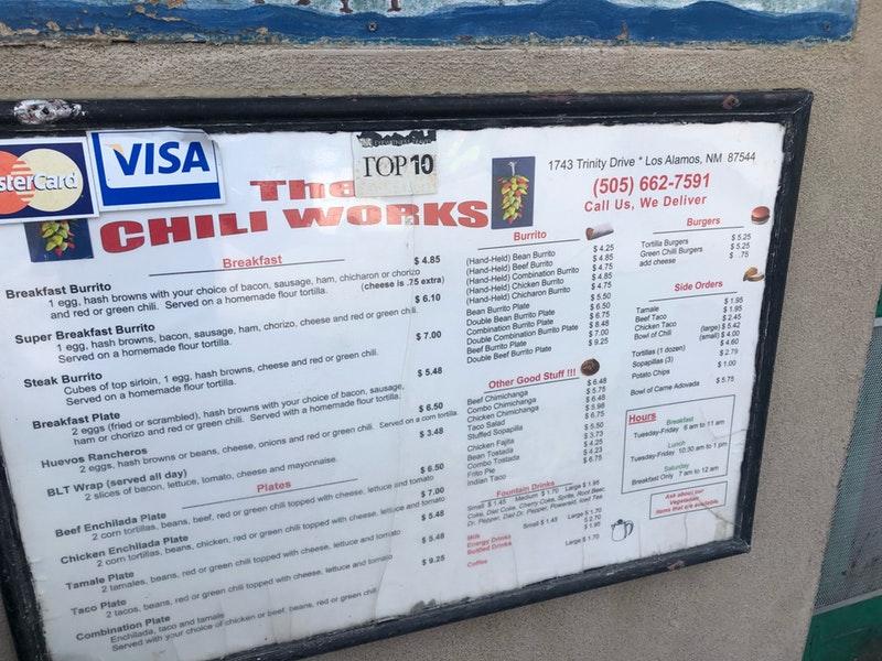 Menu at Chili Works restaurant, Los Alamos, Trinity Dr