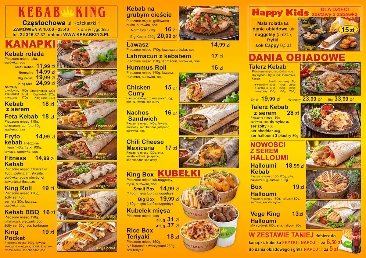 Menu at Kebab King restaurant, Częstochowa