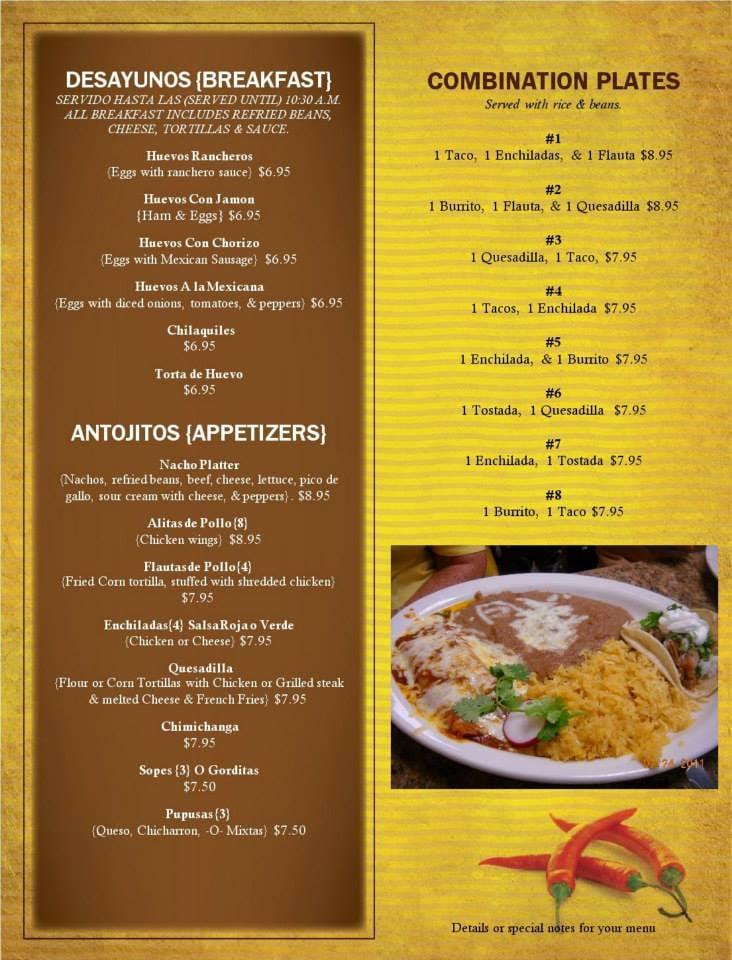 Menu at El Rincon Mexicano restaurant, Plant City