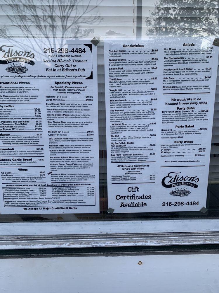Carta de pizzería Edison's Pizza Kitchen, Cleveland, Clifton Boulevard