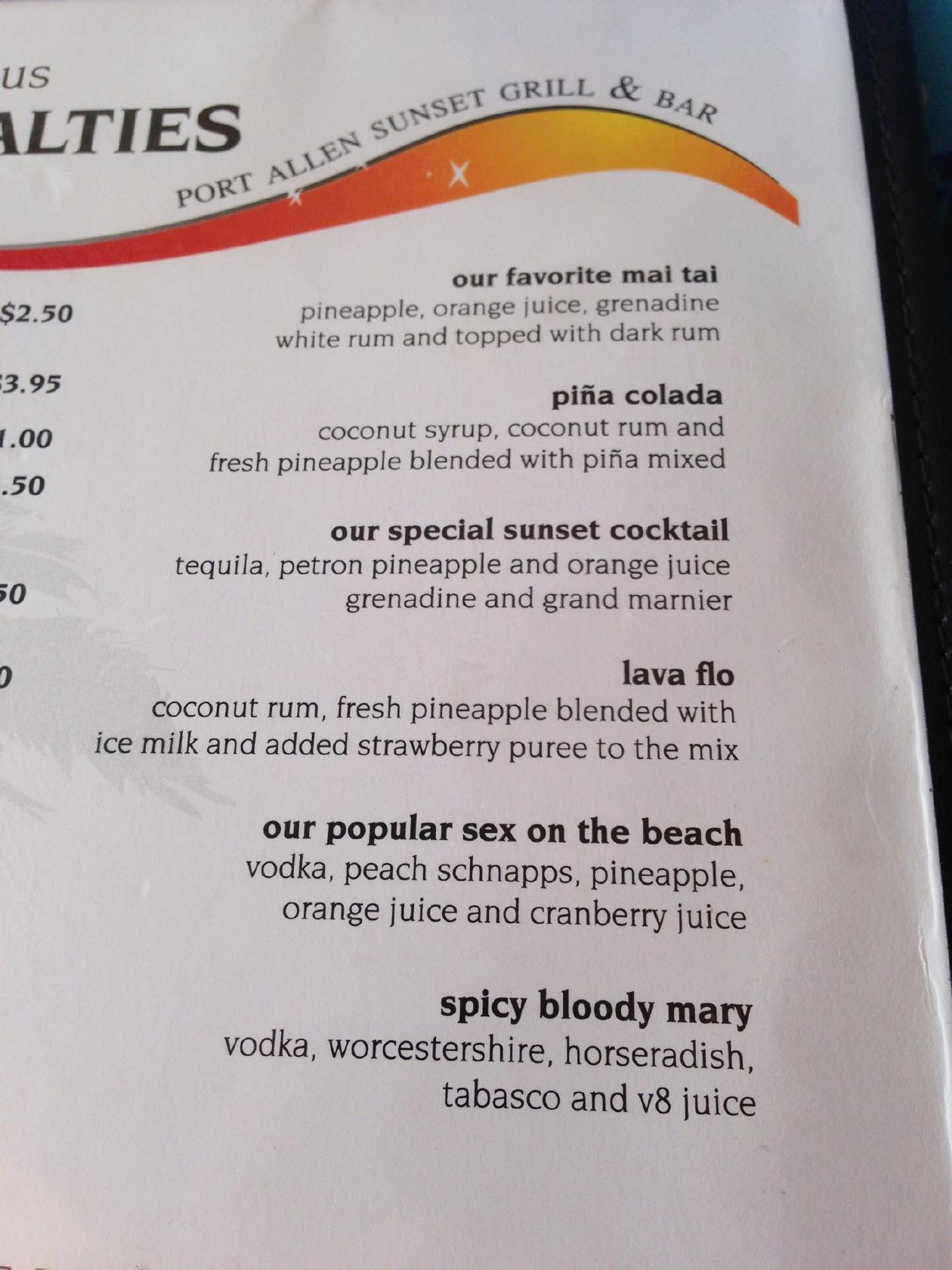 Menu at Port Allen Sunset Grill & Bar, Eleele