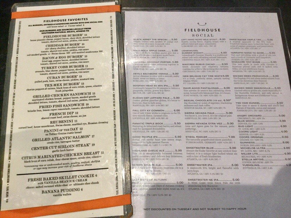 Menu at Fieldhouse Social pub & bar, Knoxville