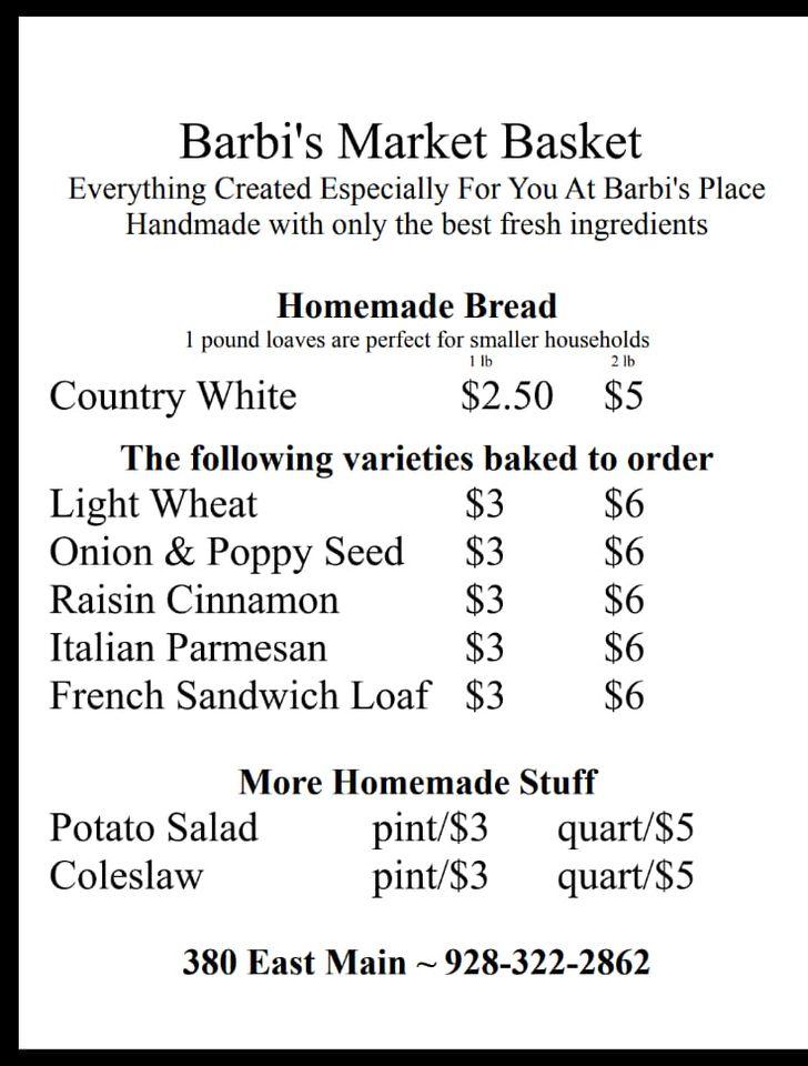 Menu at Barbi's Place, Quartzsite