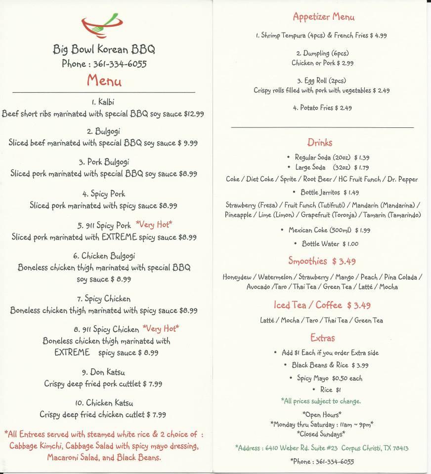 Menu at Big Bowl Korean BBQ., Corpus Christi