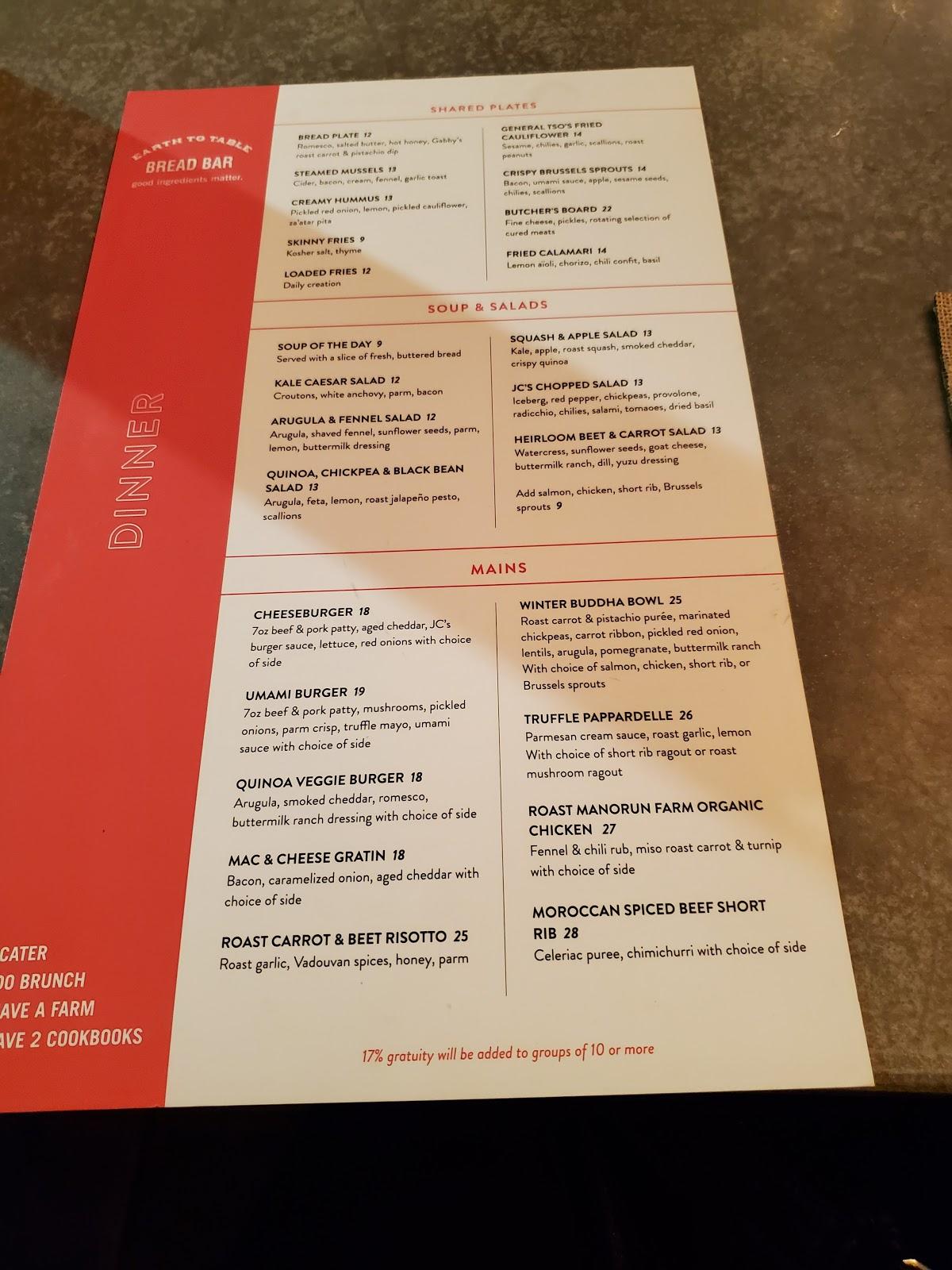 Menu au Earth to Table Bread Bar James, Hamilton