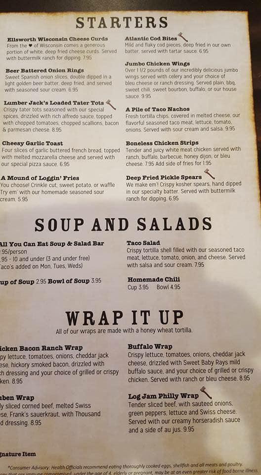 Menu at Lumber Jack's Saloon and Pizzeria, Milltown