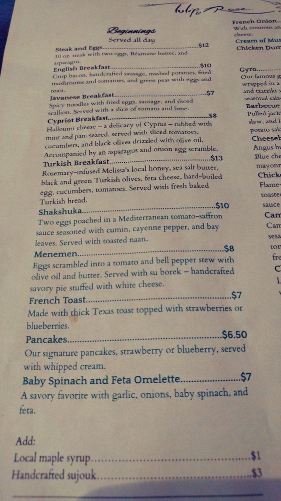 Menu at The Tulip and the Rose Cafe, Franklin