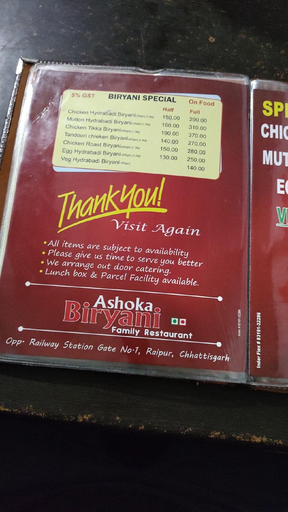 Menu at Ashoka Biryani, Raipur, 7J4J+PF3