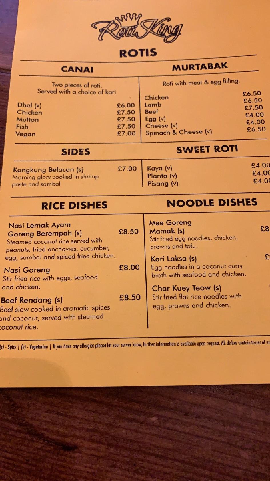 Menu at Roti King restaurant, London, Euston