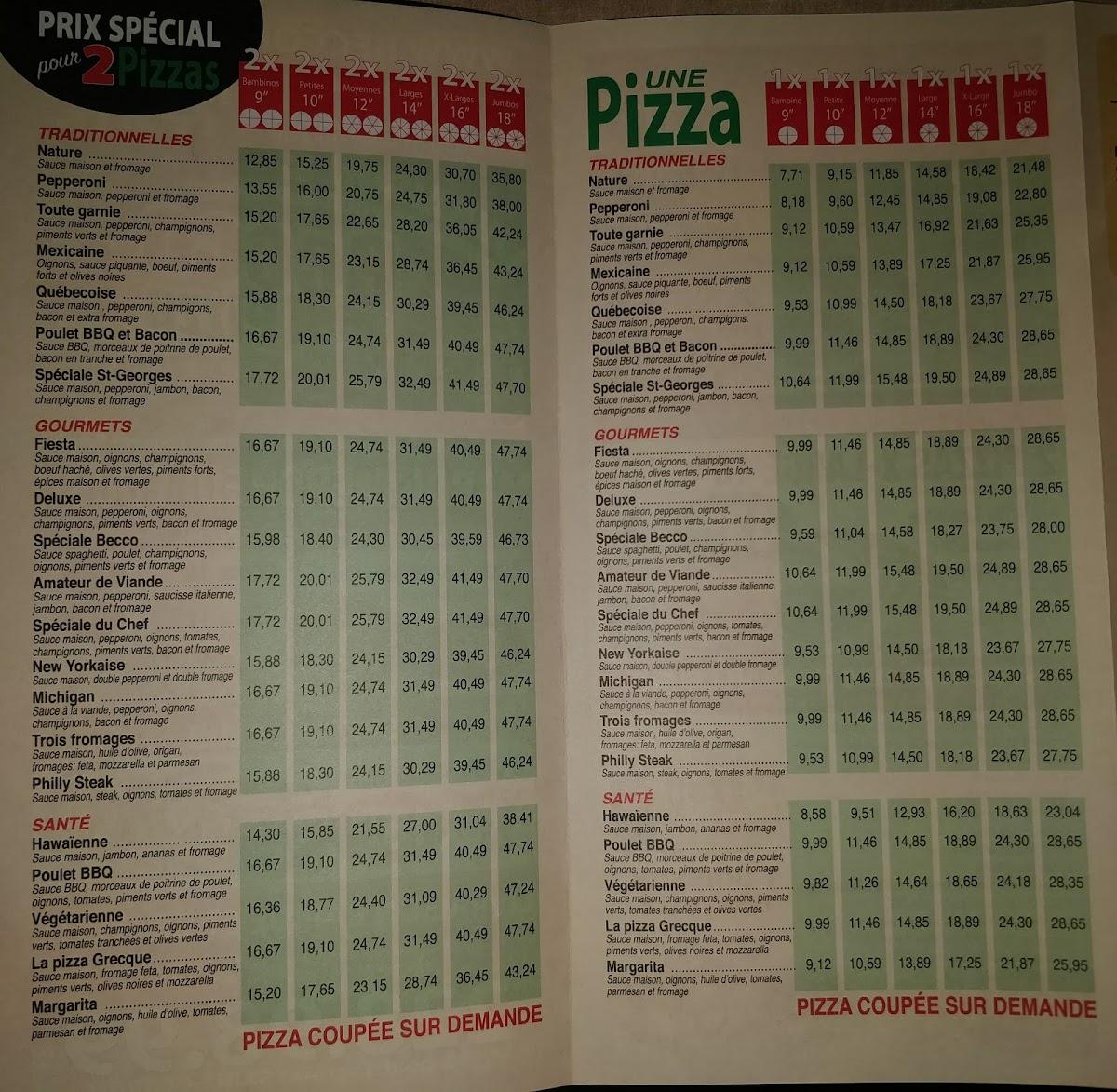 Menu au Becco Pizza Saint-Georges pizzeria, Saint-Georges