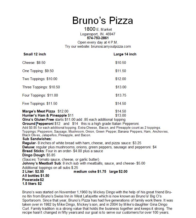 Menu at Bruno's Pizza pizzeria, Logansport