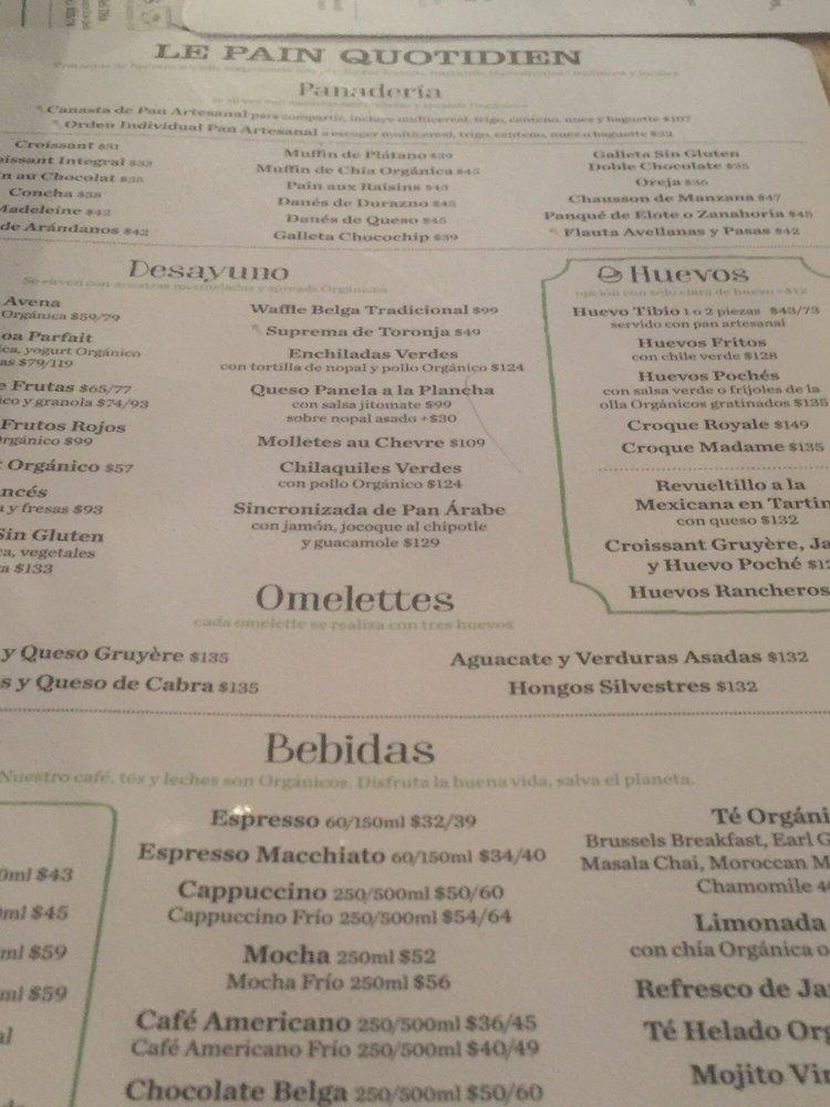 Menu at Le Pain Quotidien cafeteria, Mexico City, C. Nueva York 248