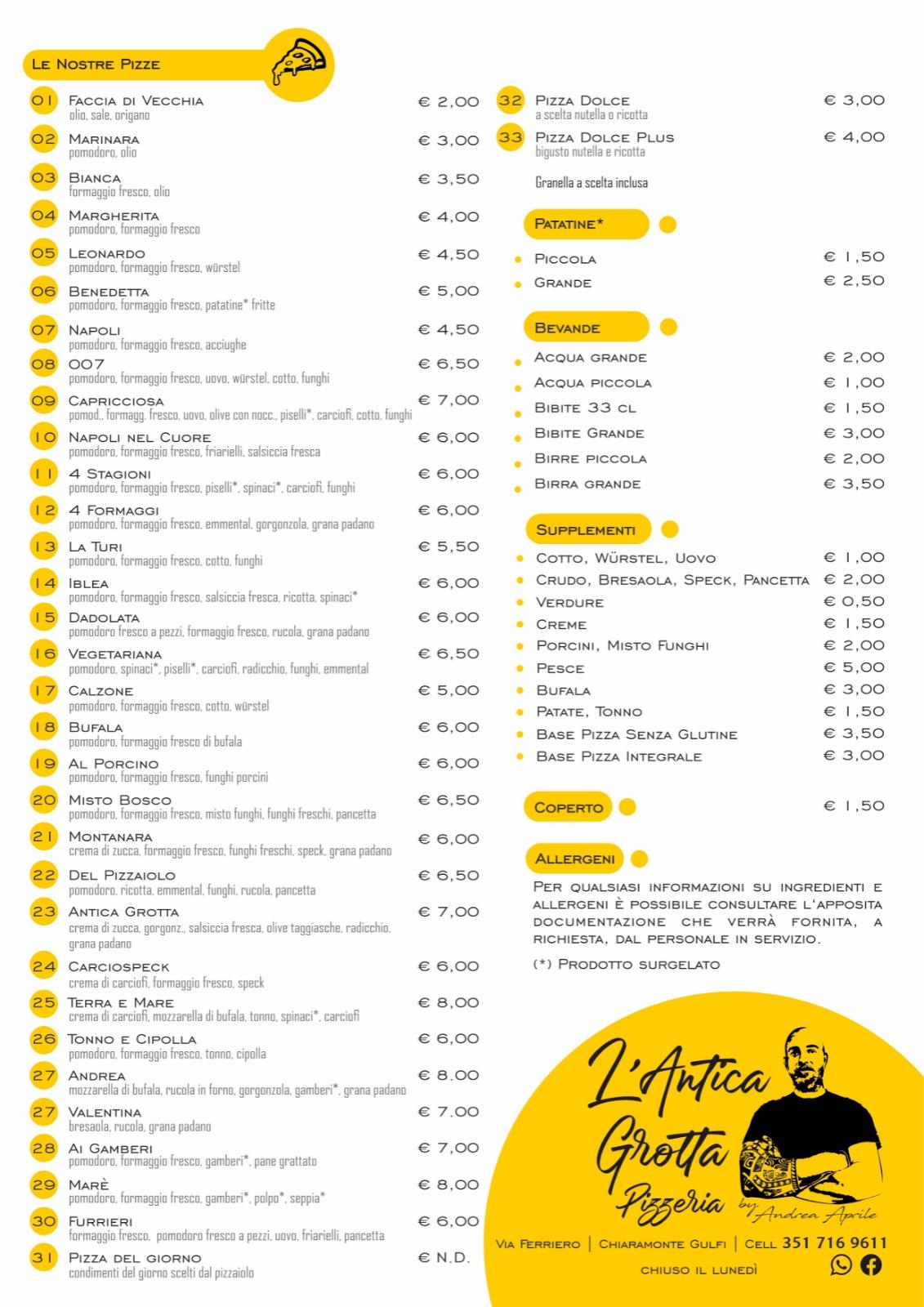 Menu da Pizzeria Antica Grotta, Chiaramonte Gulfi, Via Ferriero