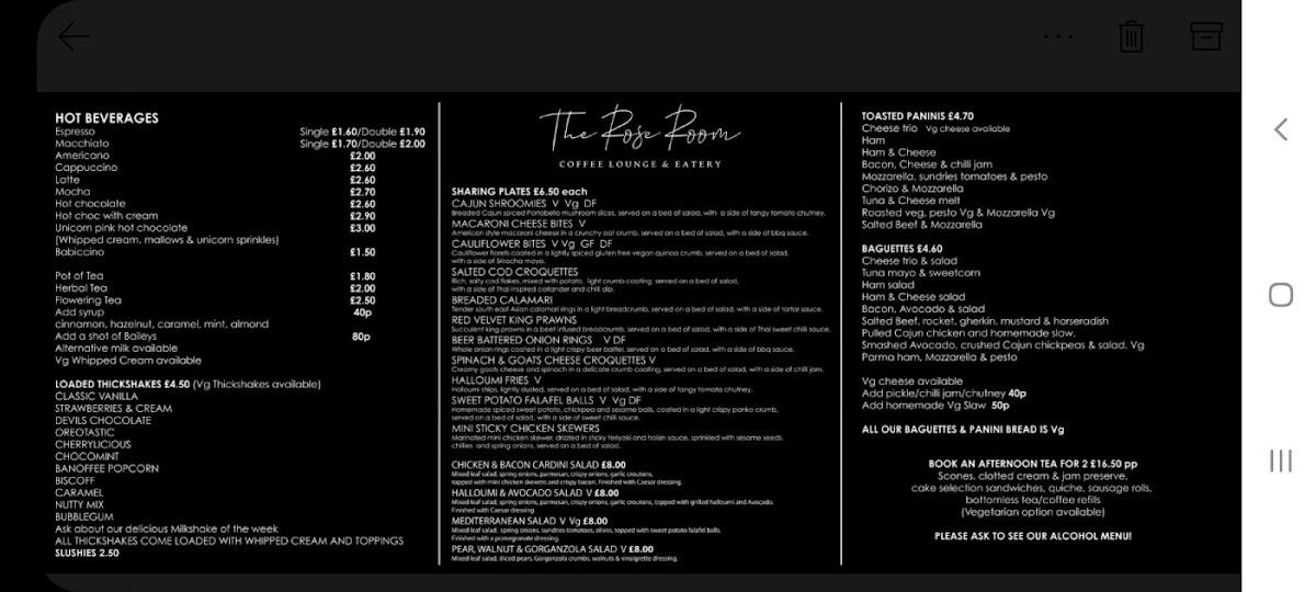 Menu At The Rose Room Coffee Lounge And Eatery Restaurant Reigate 0966