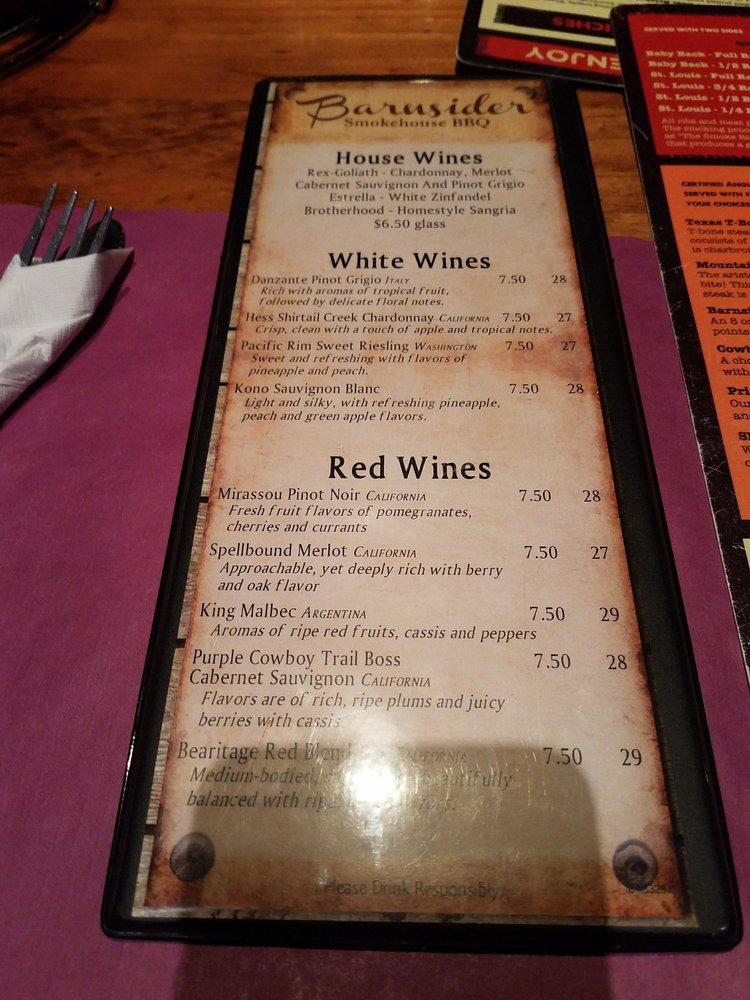 Menu at Barnsider Smokehouse BBQ, Lake