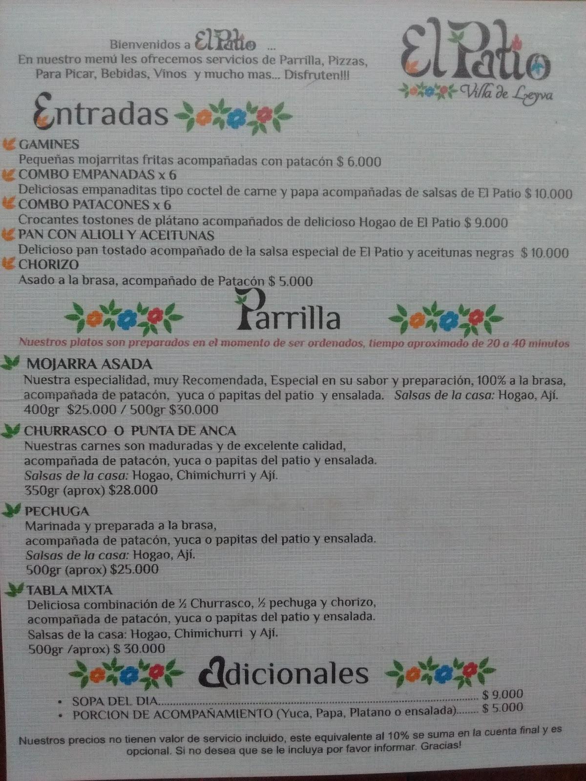 Carta del restaurante El Patio Villa del Leyva, Villa del Leyva, Cl. 13