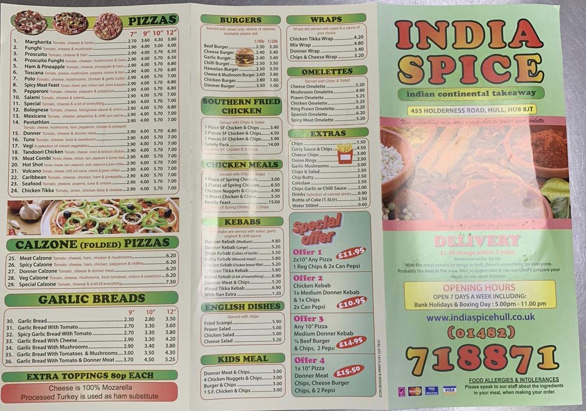 Menu at India Spice restaurant, Hull