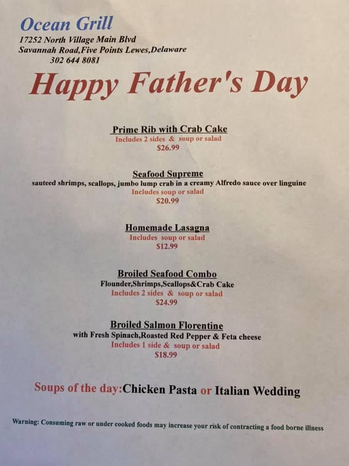 Menu at Ocean Grill restaurant, Lewes