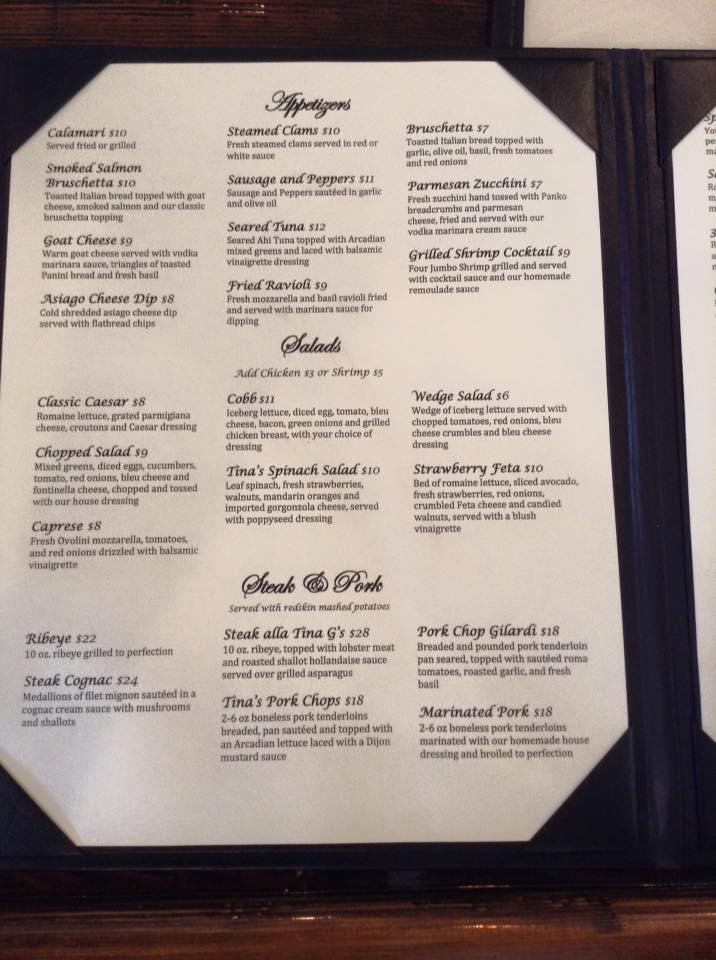 Menu at Tina G's restaurant, Mundelein