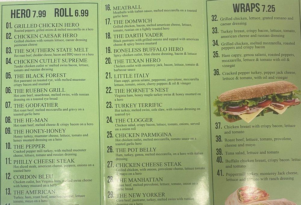 Menu at Hick's Deli, Hicksville