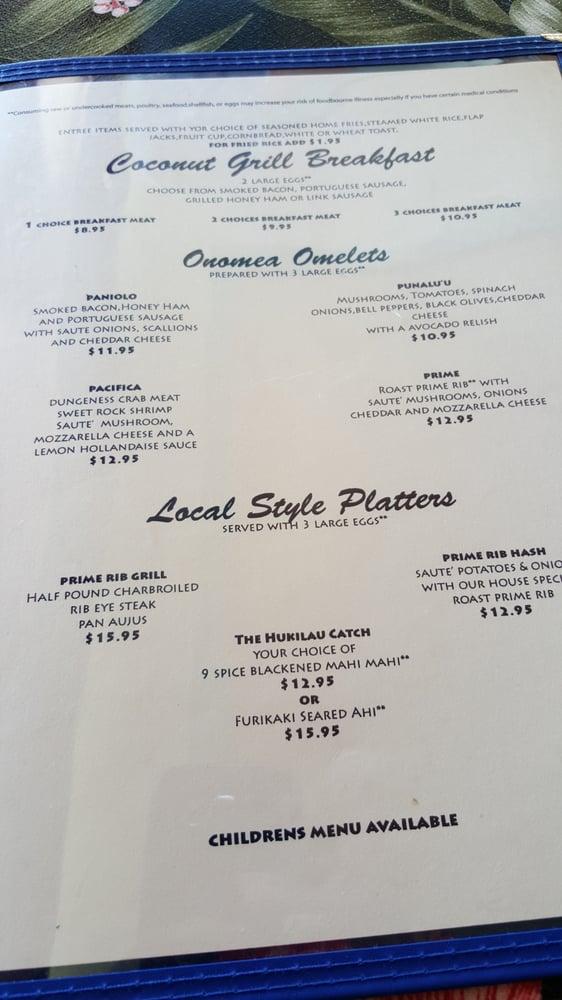 Menu at Coconut Grill restaurant, Hilo