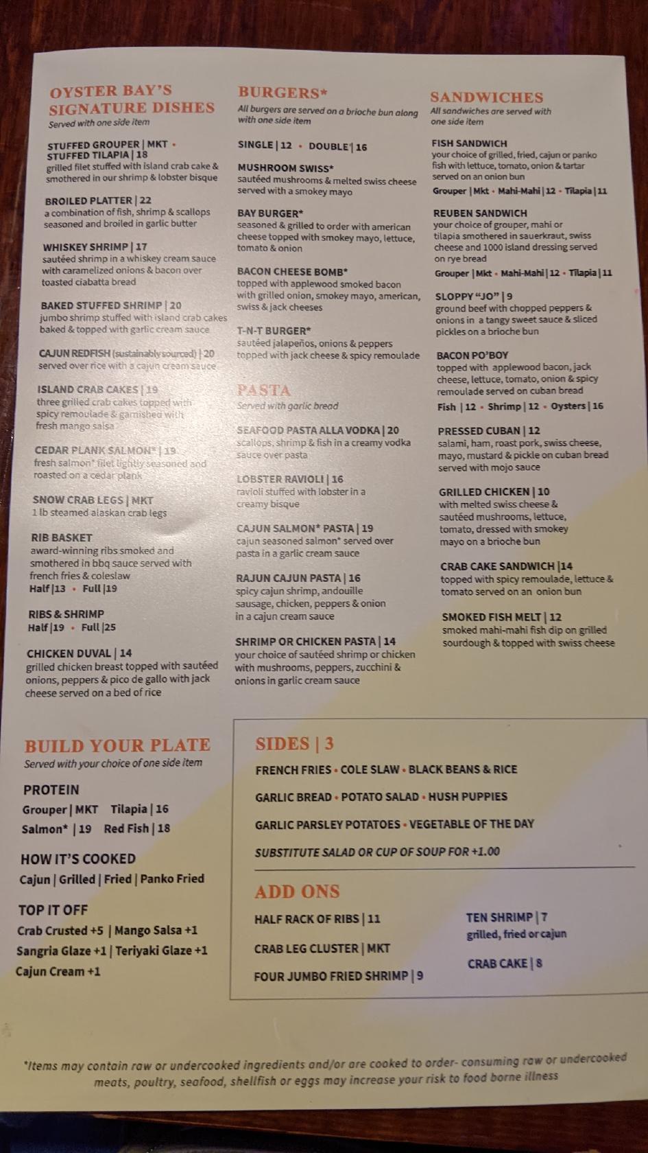 Menu at Oyster Bay Seafood Cafe, Lawrenceville