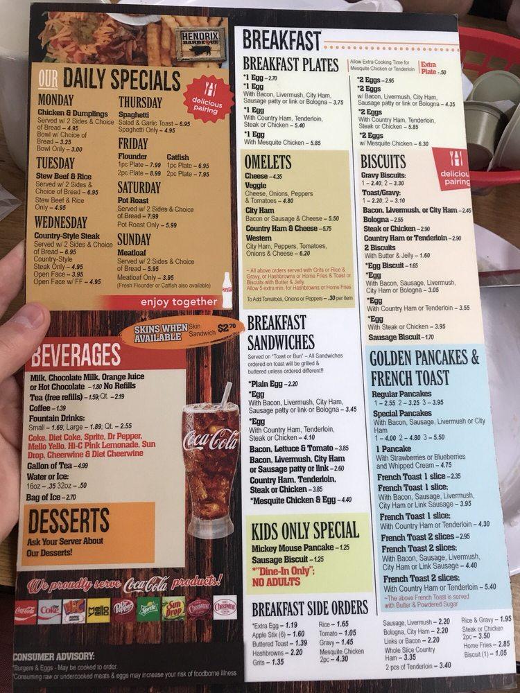 Menu at Hendrix Barbecue, Spencer, 615 Salisbury Ave